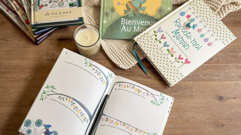 Collection de journaux intimes et livres-souvenirs pour parents et enfants, incluant "de toi à moi", "Bienvenue Au Monde" et "Raconte-moi Maman", composition lifestyle avec bougie et stylo, carnets de mémoires famille